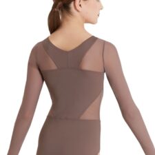 Mocha leotard with mesh sleeves and geometric pattern