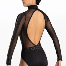 Leotard with geometric studded design and mesh insert and sleeves