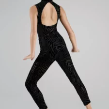 Black high neck sleeveless catsuit with animal printed fabric