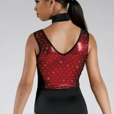 Black and metallic red leotard with diamante