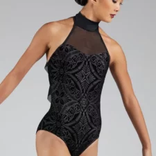 Black leotard with mesh neckline and grey embellishments and ruffle back