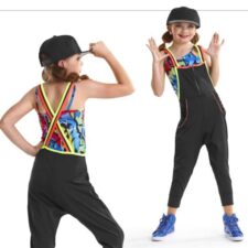 Black lycra dungarees with multi colour top