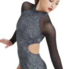 Black and grey swirl design leotard with mesh sleeves