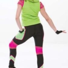 Neon green puffy vest and catsuit with pink and silver hat
