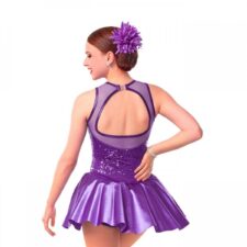 Purple sequin and satin skirted leotard with lace collar