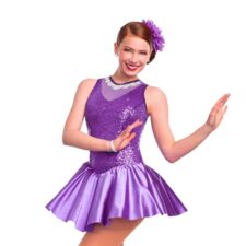 Purple sequin and satin skirted leotard with lace collar