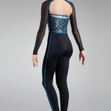 Black and gold catsuit with sparkle bodice and mesh sleeves