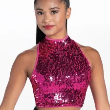 Bright pink sequin high neck crop top