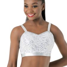 White and silver sequin crop top with grey metallic trim