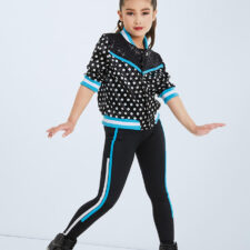 Turquoise, white and black catsuit with spotty jacket