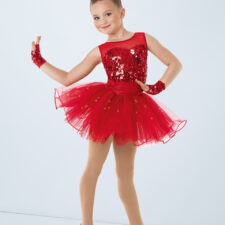 Red sequin skirted biketard with hairbow and mitts