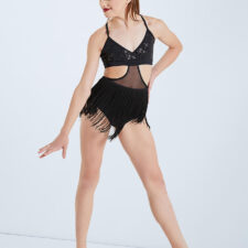 Black fringed leotard with sequin bra top and cut outs