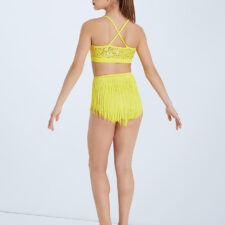 Fringed leotard with sequin bra top and cut outs